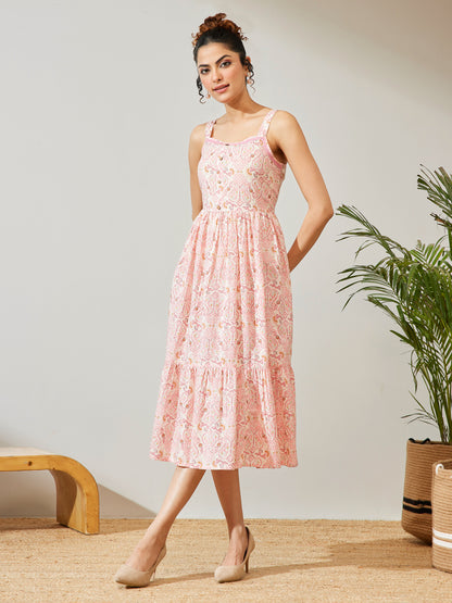 Janasya Peach Fit & Flare Cotton Dress - Dista