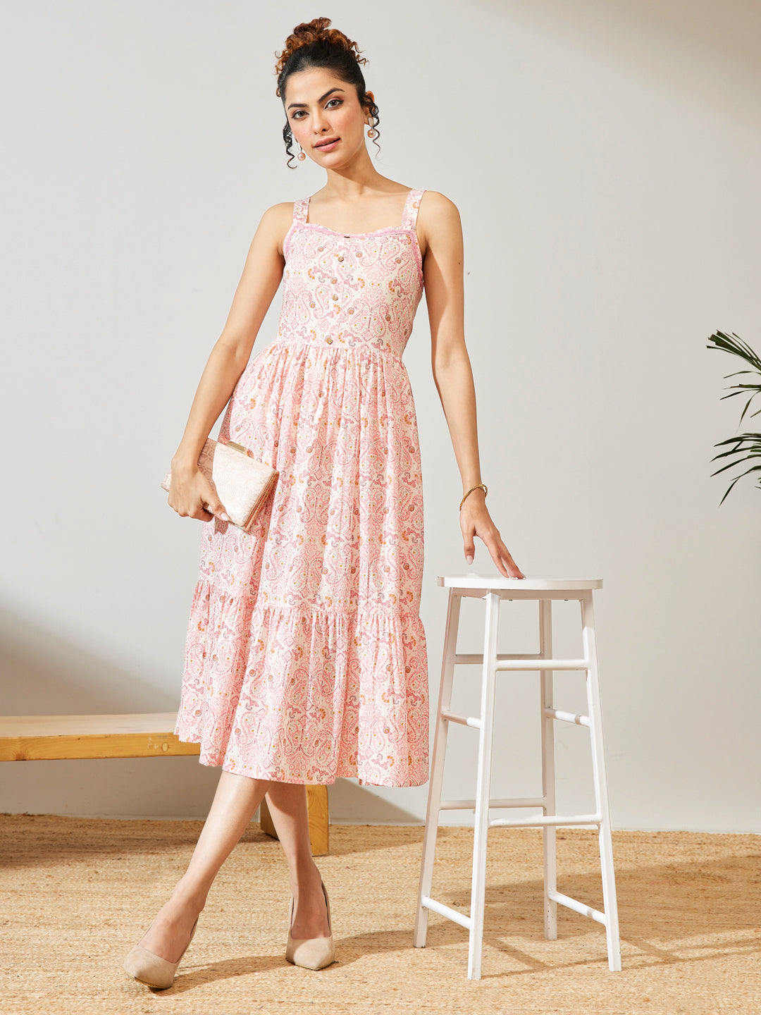 Janasya Peach Fit & Flare Cotton Dress - Dista