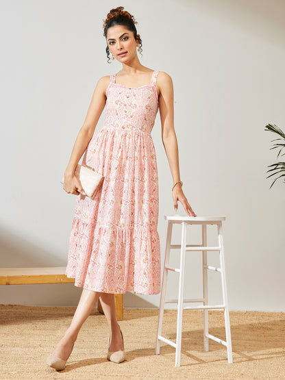 Janasya Peach Fit & Flare Cotton Dress - Dista