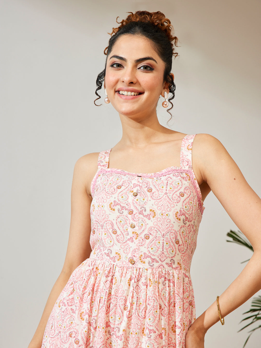 Janasya Peach Fit & Flare Cotton Dress - Dista