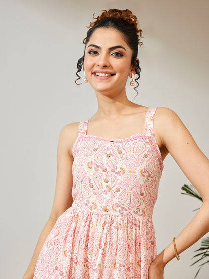 Janasya Peach Fit & Flare Cotton Dress - Dista