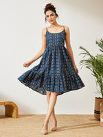 Thumbnail for Janasya Navy Blue A-Line Cotton Dress - Dista