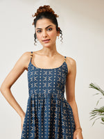 Thumbnail for Janasya Navy Blue A-Line Cotton Dress - Dista