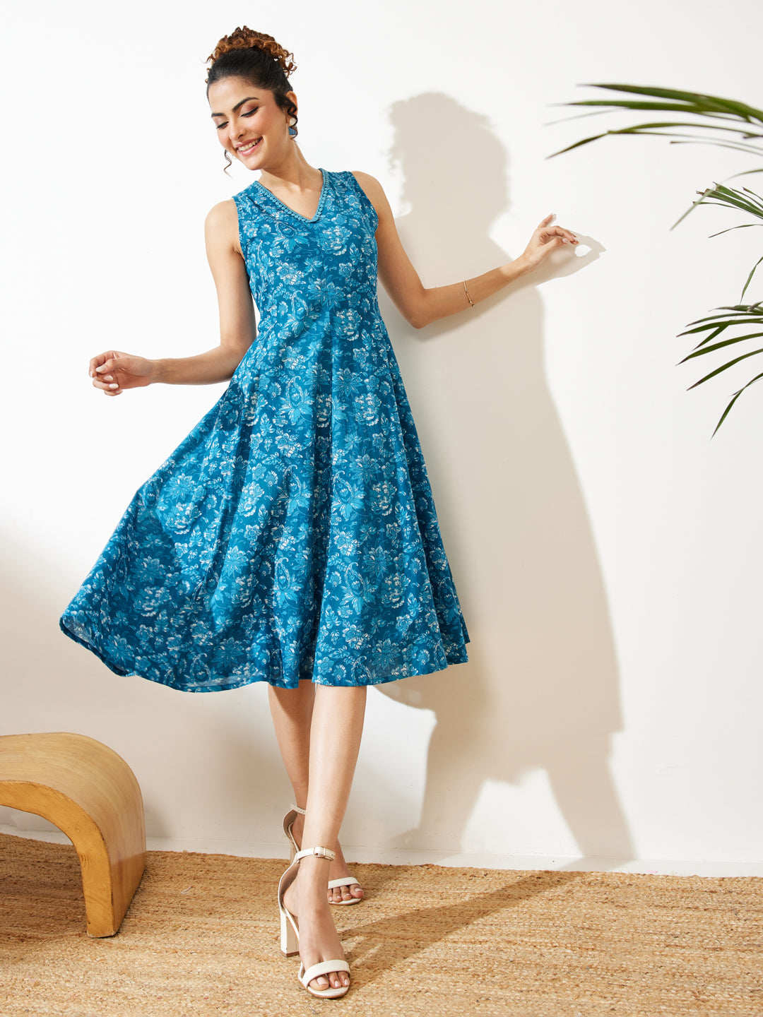 Janasya Blue A-Line Cotton Dress - Dista