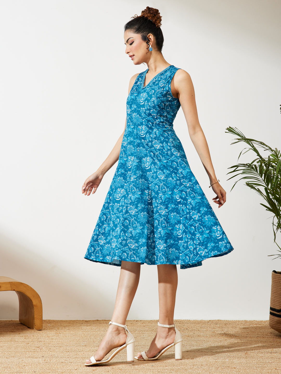 Janasya Blue A-Line Cotton Dress - Dista