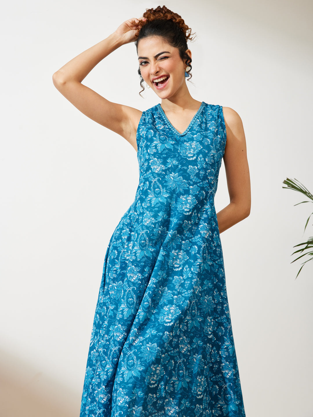 Janasya Blue A-Line Cotton Dress - Dista