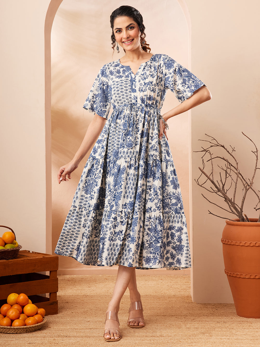 Janasya Blue Fit & Flare Cotton Dress - Dista