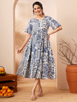 Thumbnail for Janasya Blue Fit & Flare Cotton Dress - Dista