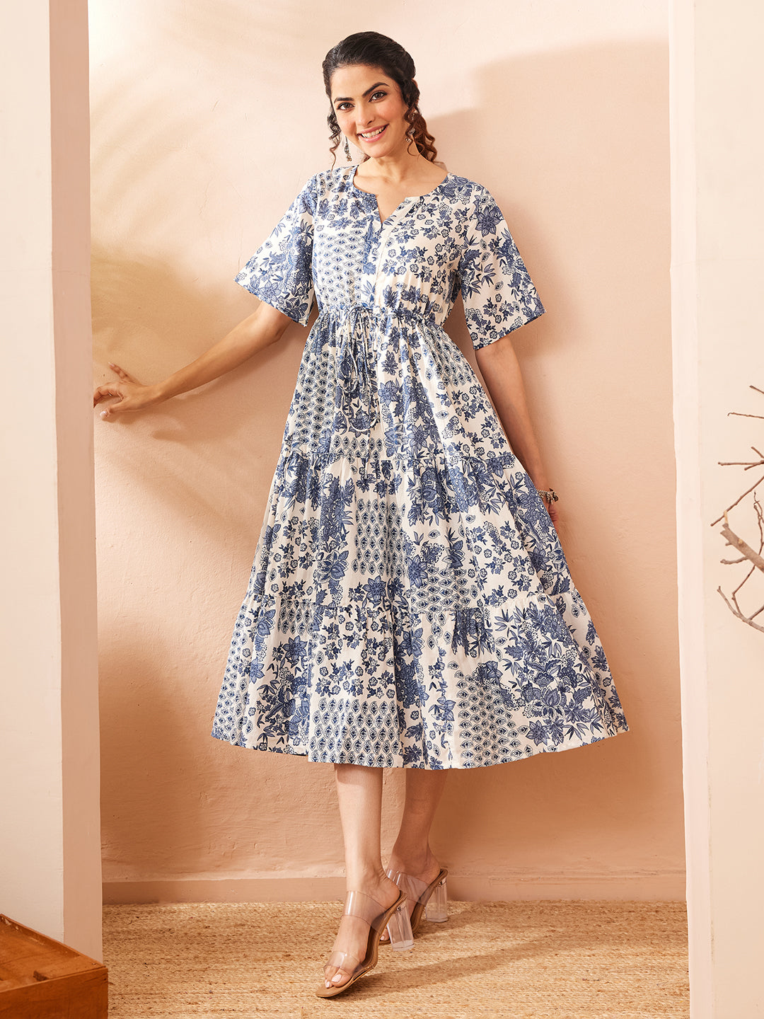 Janasya Blue Fit & Flare Cotton Dress - Dista