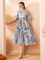 Thumbnail for Janasya Blue Fit & Flare Cotton Dress - Dista