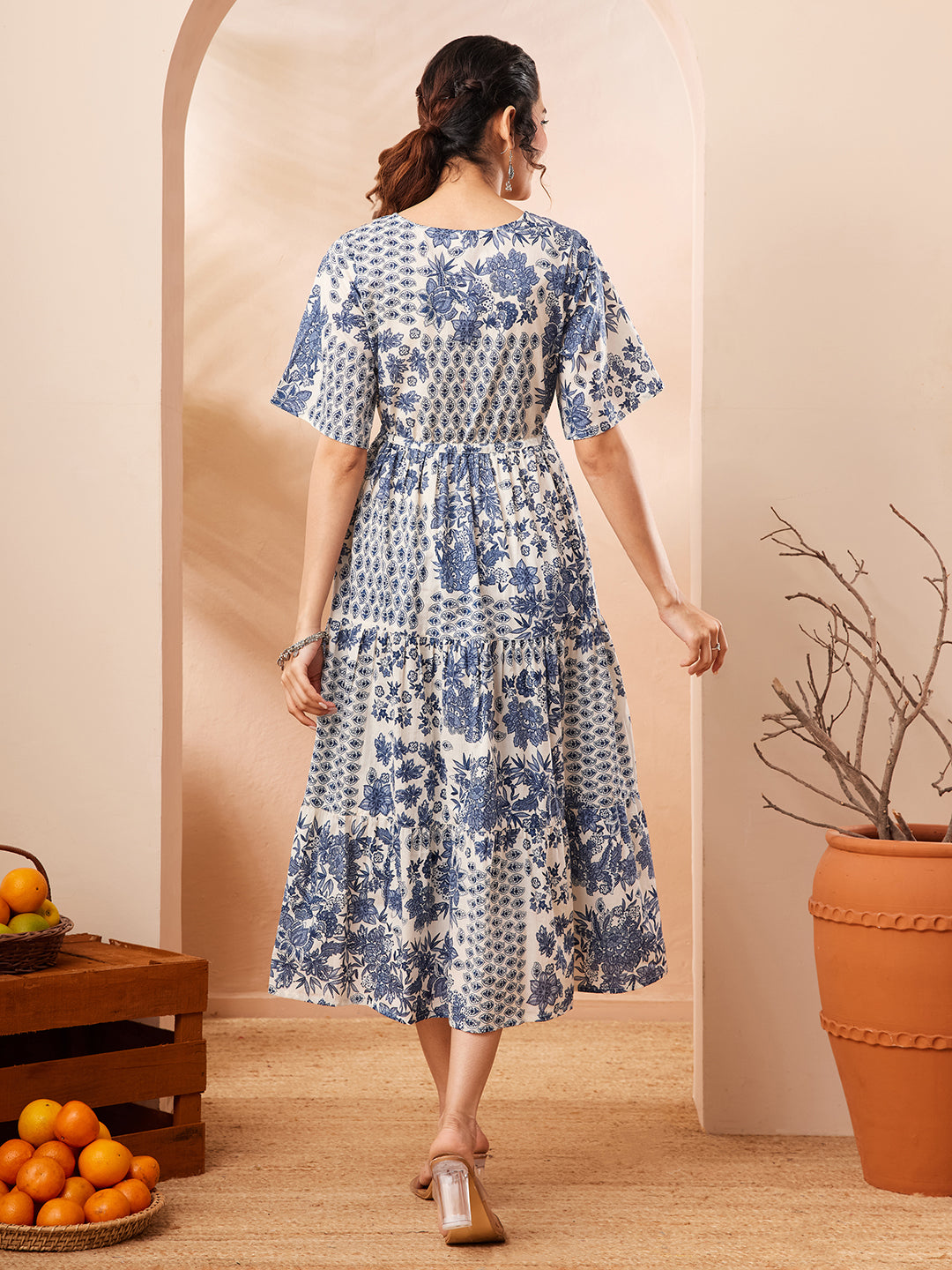 Janasya Blue Fit & Flare Cotton Dress - Dista