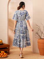 Thumbnail for Janasya Blue Fit & Flare Cotton Dress - Dista