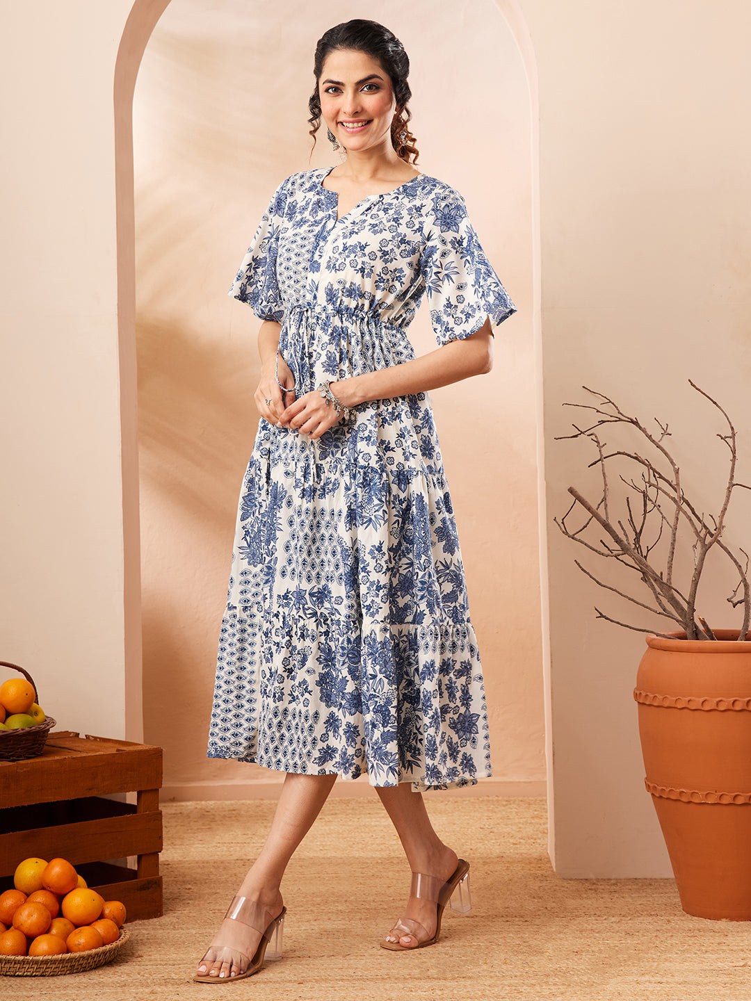 Janasya Blue Fit & Flare Cotton Dress - Dista