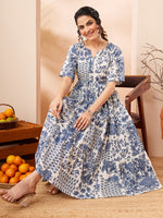 Thumbnail for Janasya Blue Fit & Flare Cotton Dress - Dista