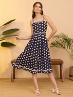 Thumbnail for Janasya Navy Blue A-Line Cotton Dress - Dista