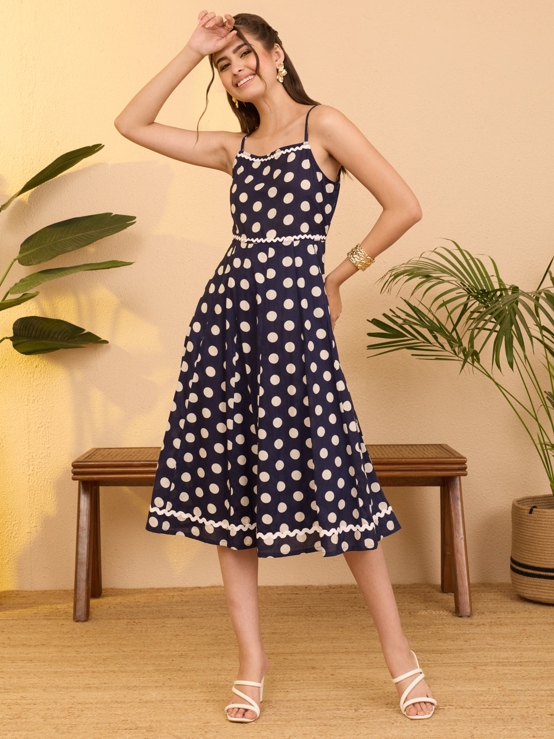 Janasya Navy Blue A-Line Cotton Dress - Dista