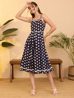 Thumbnail for Janasya Navy Blue A-Line Cotton Dress - Dista