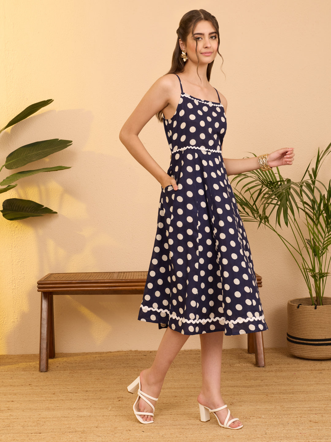 Janasya Navy Blue A-Line Cotton Dress - Dista