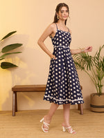 Thumbnail for Janasya Navy Blue A-Line Cotton Dress - Dista
