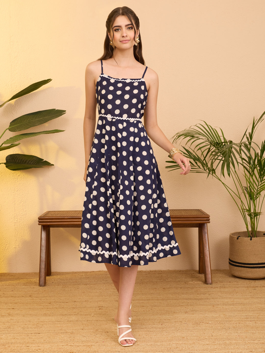 Janasya Navy Blue A-Line Cotton Dress - Dista