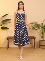 Thumbnail for Janasya Navy Blue A-Line Cotton Dress - Dista