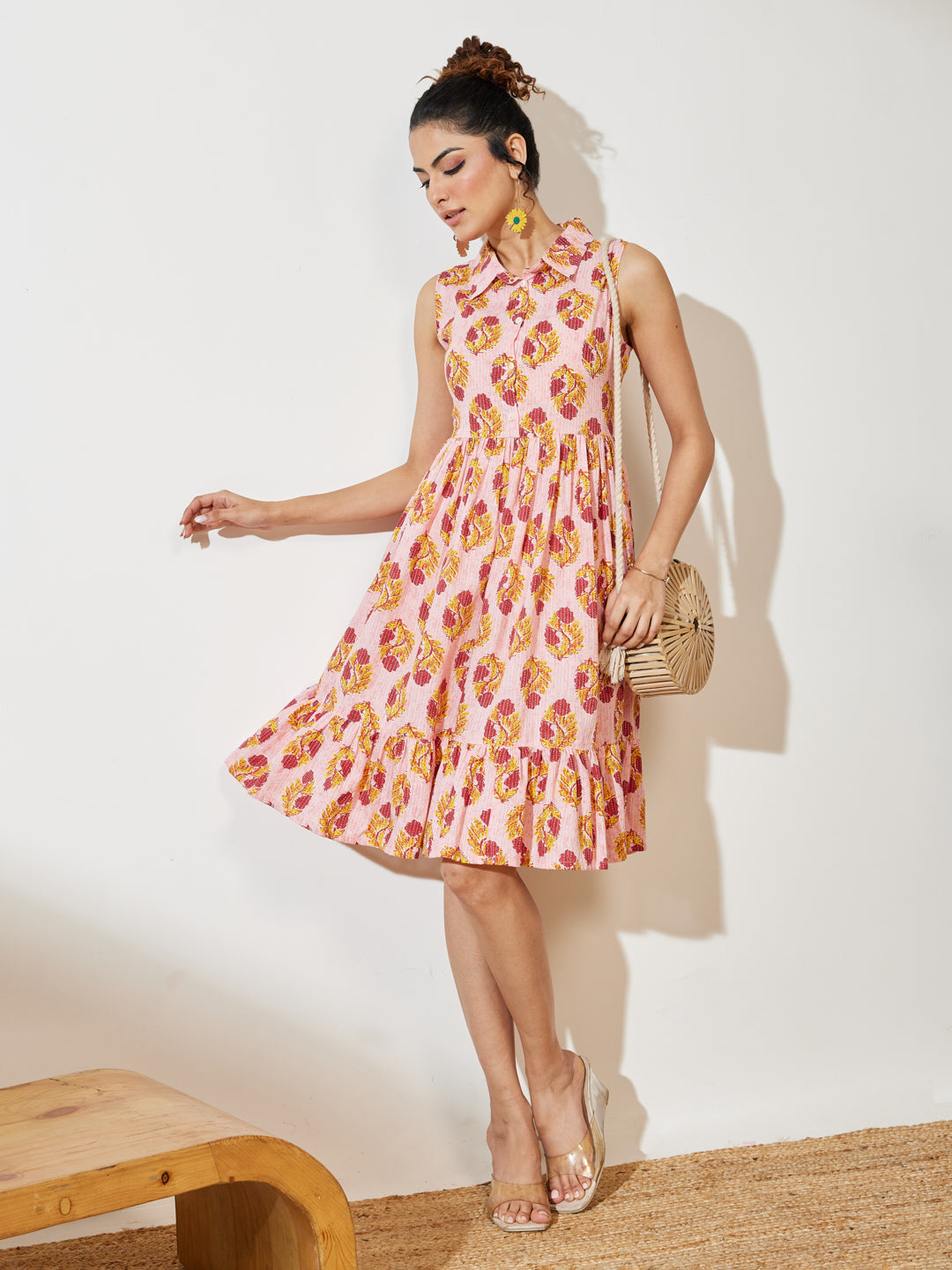 Janasya Pink Fit & Flare Cotton Dress - Dista