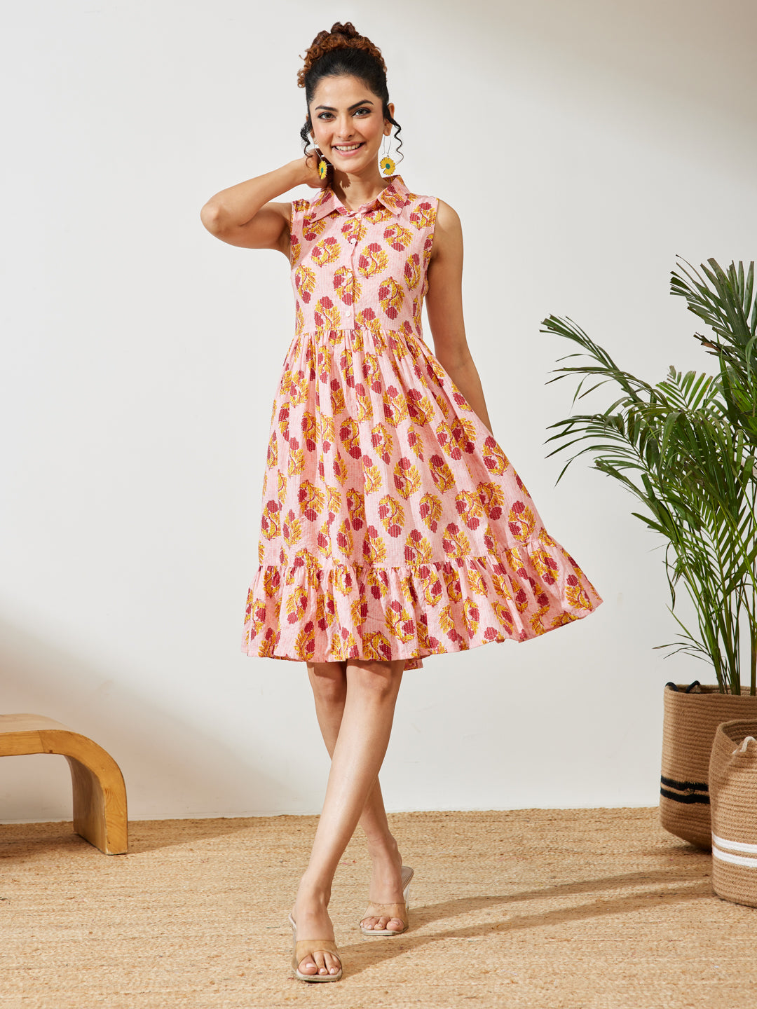 Janasya Pink Fit & Flare Cotton Dress - Dista