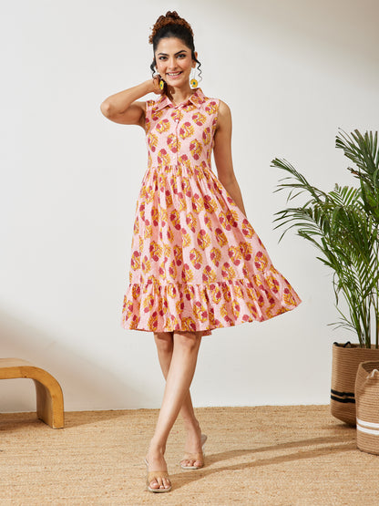 Janasya Pink Fit & Flare Cotton Dress - Dista