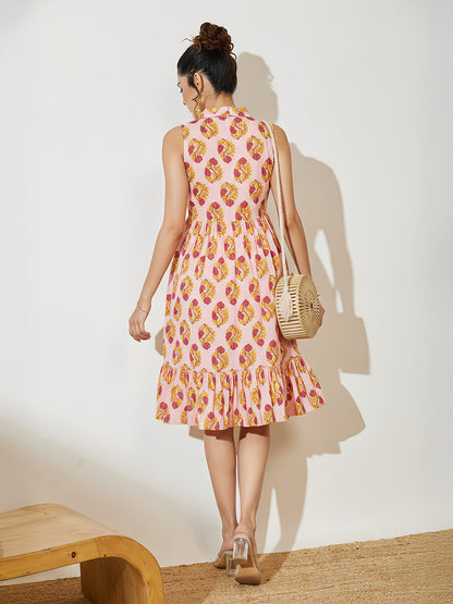 Janasya Pink Fit & Flare Cotton Dress - Dista