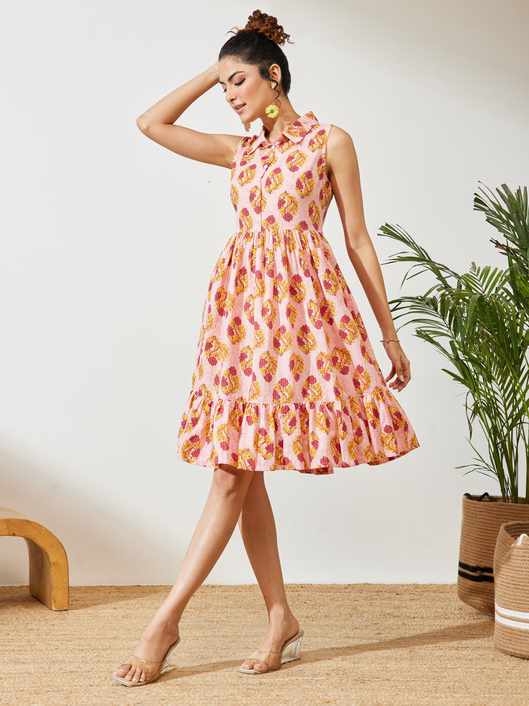 Janasya Pink Fit & Flare Cotton Dress - Dista