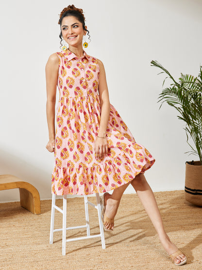 Janasya Pink Fit & Flare Cotton Dress - Dista