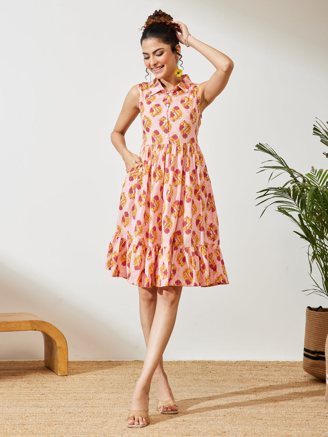 Janasya Pink Fit & Flare Cotton Dress - Dista