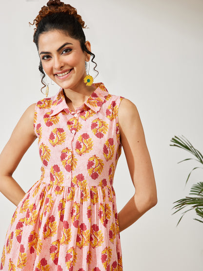 Janasya Pink Fit & Flare Cotton Dress - Dista