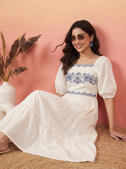 Janasya White Tiered Cotton Dress - Dista