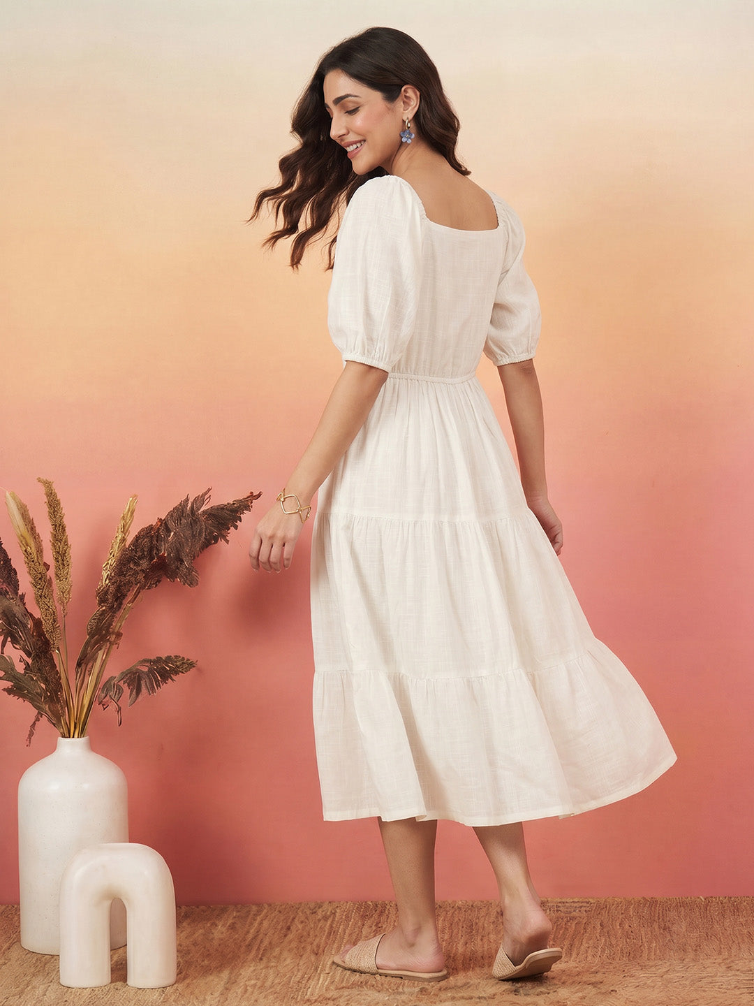 Janasya White Tiered Cotton Dress - Dista