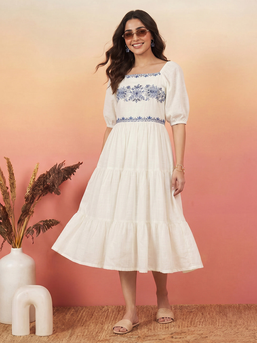 Janasya White Tiered Cotton Dress - Dista