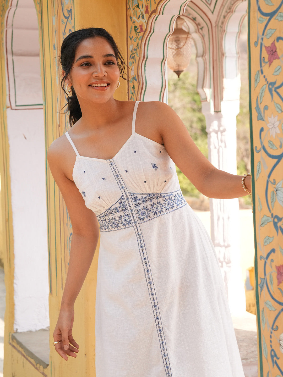 Janasya White A-Line Cotton Dress - Dista