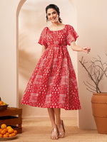Thumbnail for Janasya Red A-Line Cotton Dress - Dista