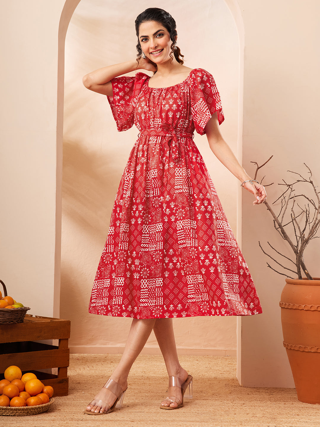 Janasya Red A-Line Cotton Dress - Dista
