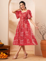 Thumbnail for Janasya Red A-Line Cotton Dress - Dista