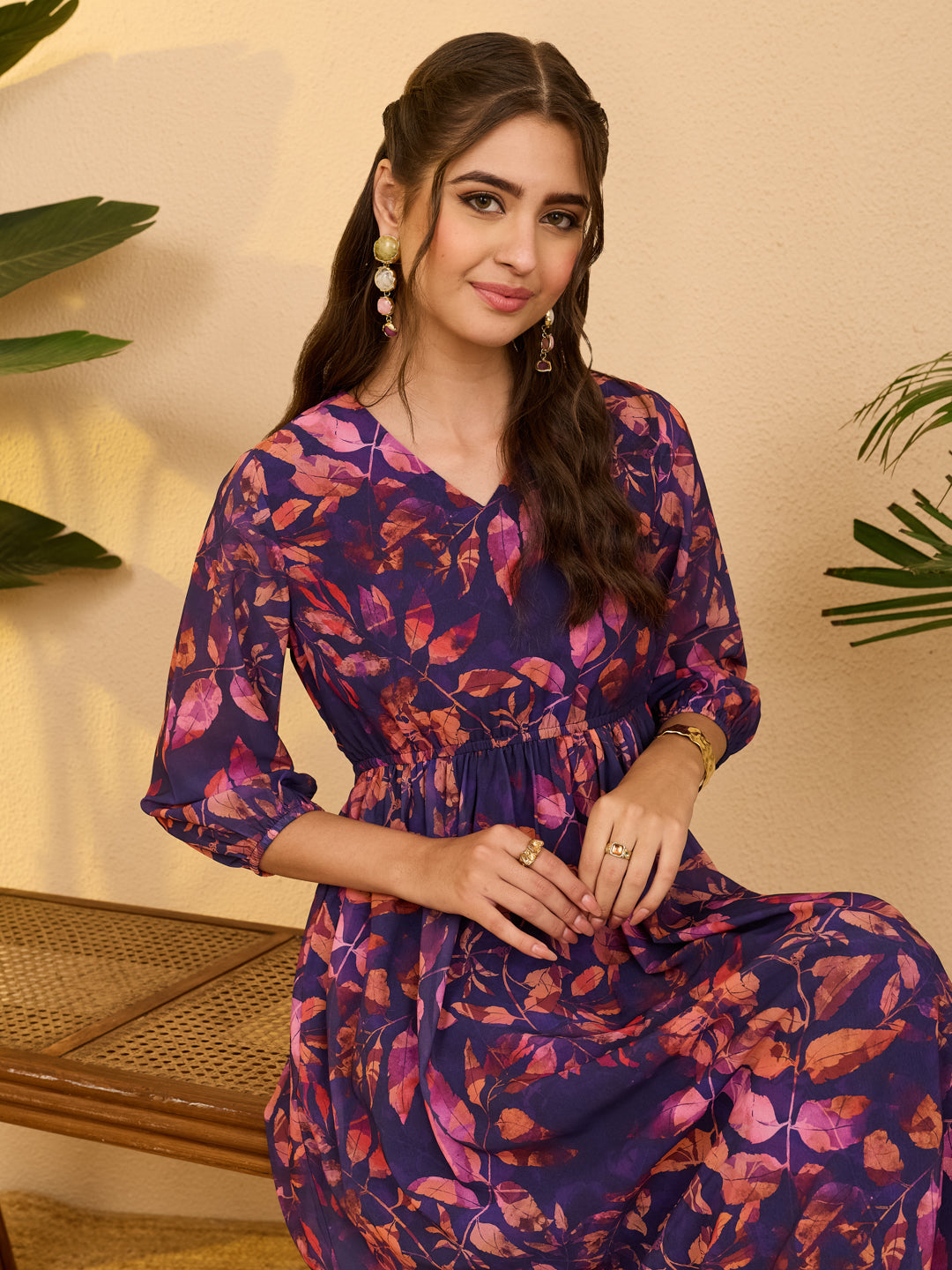 Janasya Purple Gathered Georgette Dress - Dista