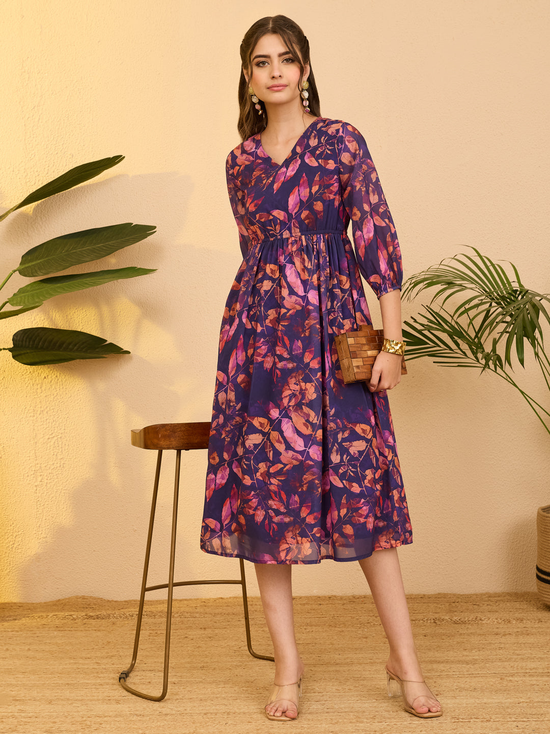 Janasya Purple Gathered Georgette Dress - Dista