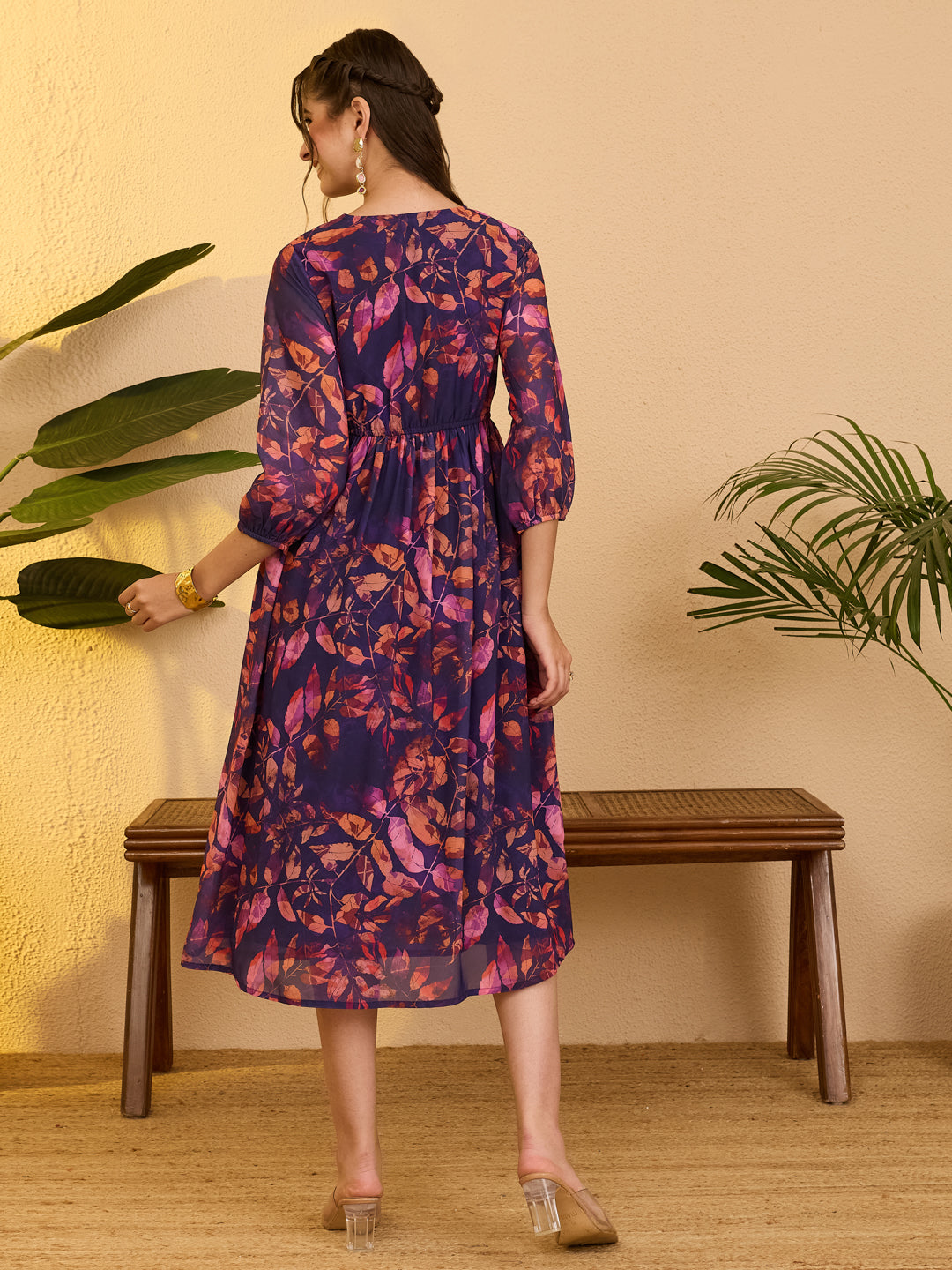 Janasya Purple Gathered Georgette Dress - Dista
