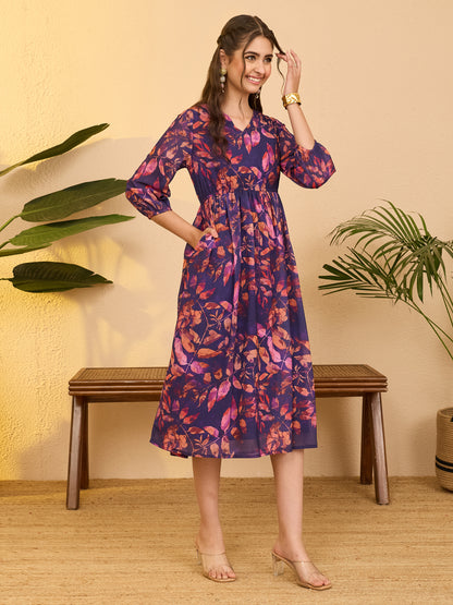 Janasya Purple Gathered Georgette Dress - Dista