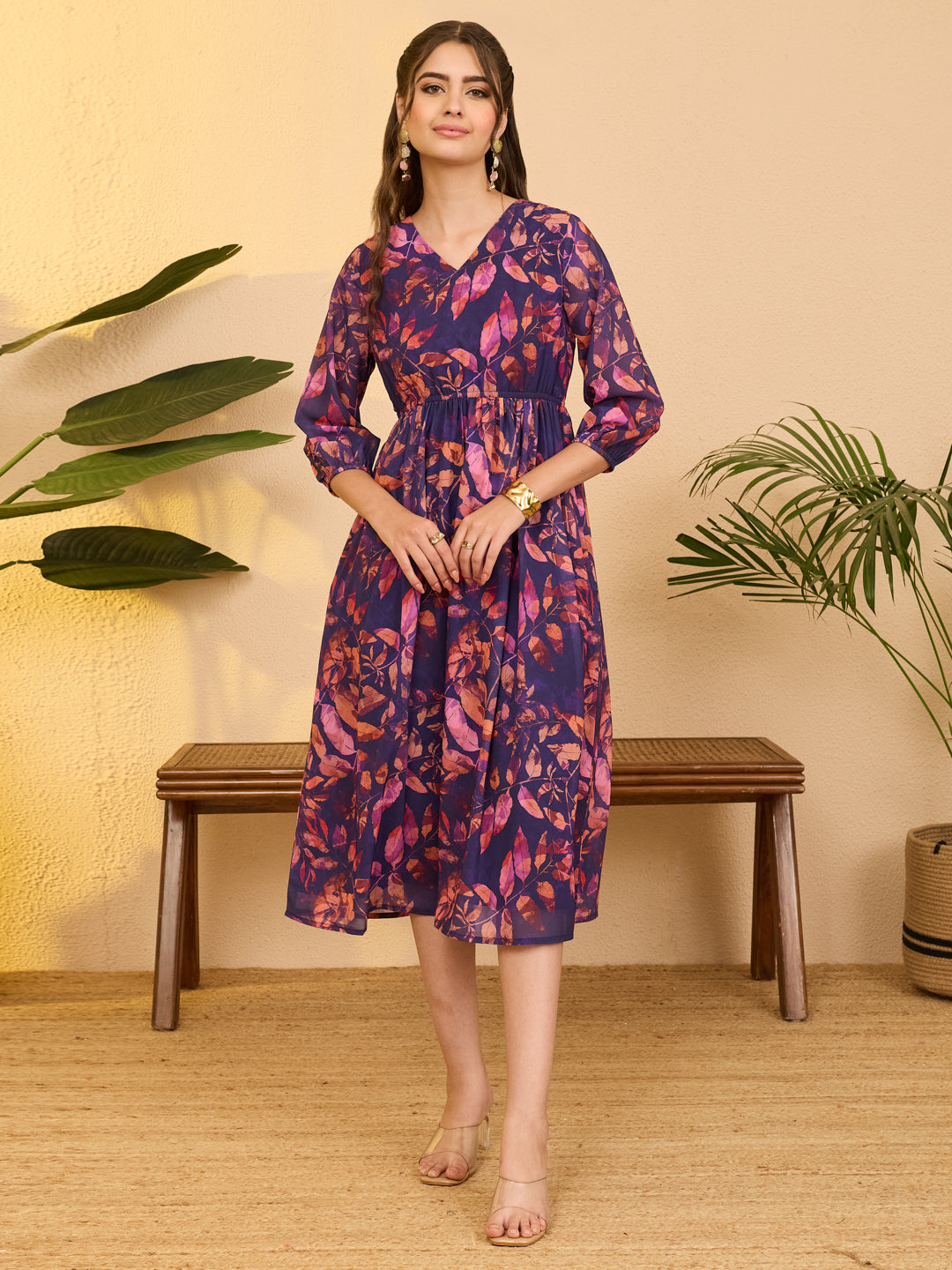 Janasya Purple Gathered Georgette Dress - Dista