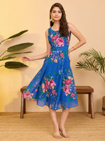 Thumbnail for Janasya Royal Blue A-Line Georgette Dress - Dista