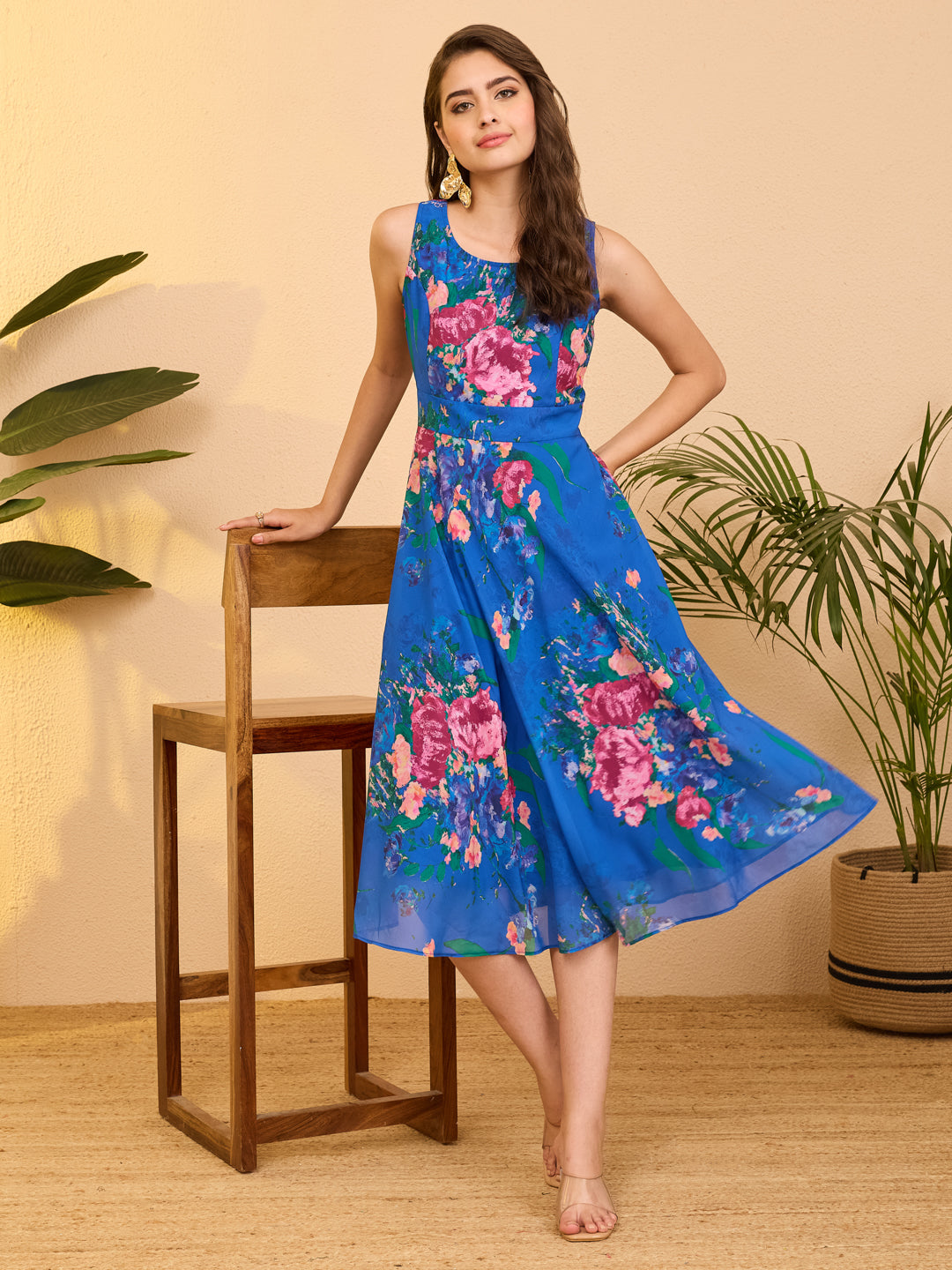 Janasya Royal Blue A-Line Georgette Dress - Dista