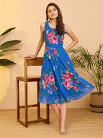 Thumbnail for Janasya Royal Blue A-Line Georgette Dress - Dista