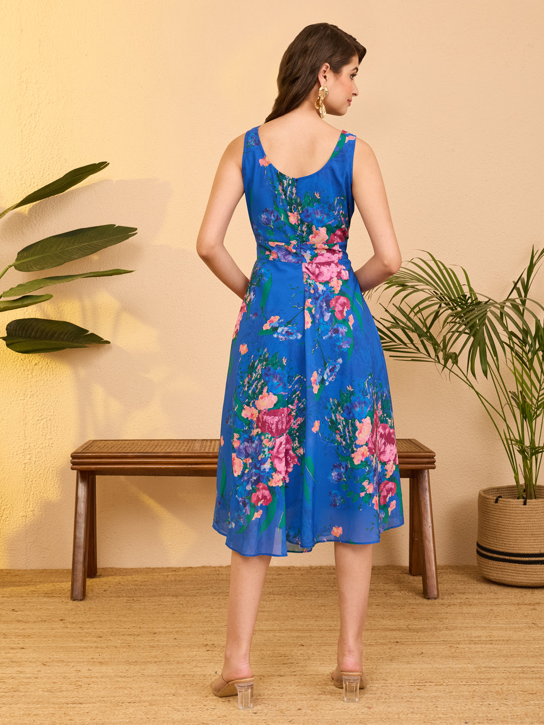 Janasya Royal Blue A-Line Georgette Dress - Dista