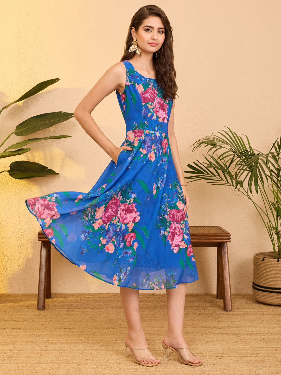 Janasya Royal Blue A-Line Georgette Dress - Dista